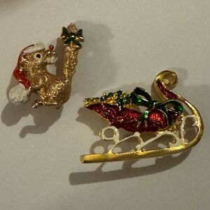 Festive Christmas Squirrel and Sleigh Brooch Set